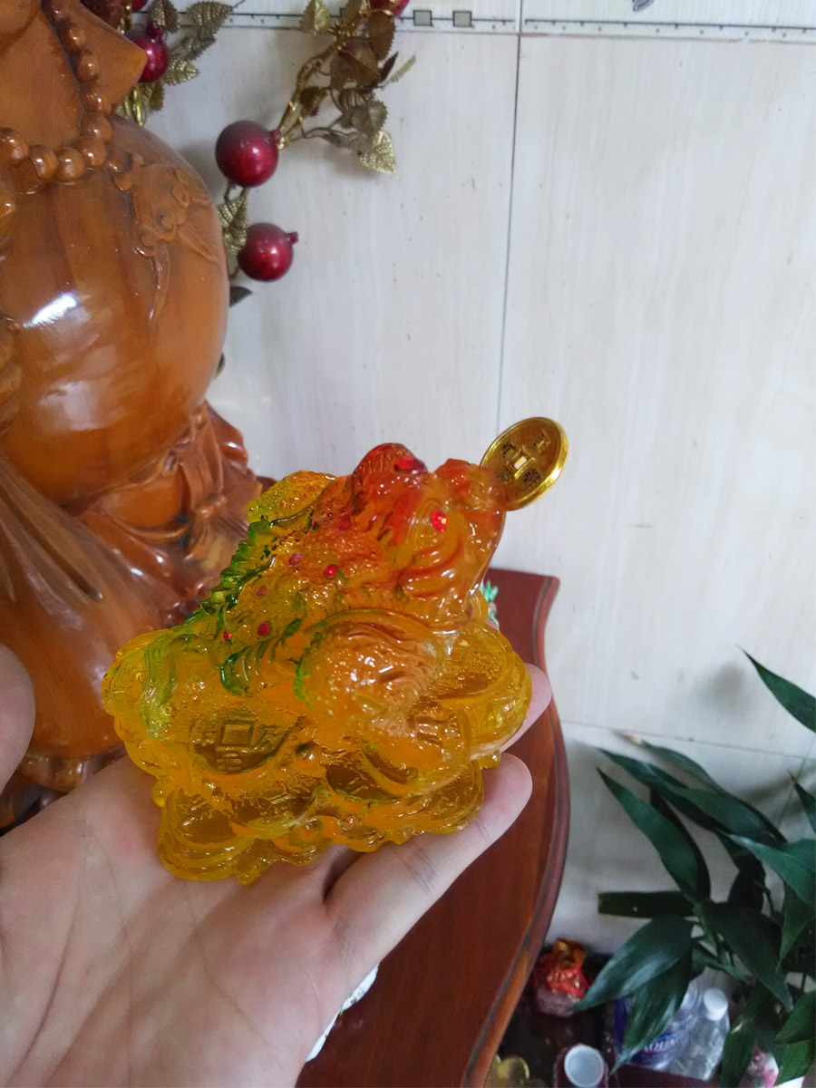 Thiềm thừ chiêu giữ tài lộc Cóc ba chân ngậm tiền vàng màu hổ phách - CHP10