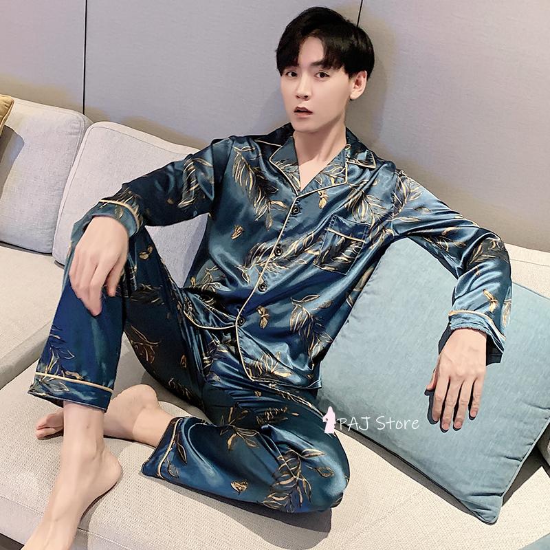 Bộ Đồ Ngủ Nam Dài Tay 4XL 5XL Satin LỤA Đen Bộ Đồ Ngủ Set 2021 Mới Nhà Thu Pijamas Phòng Chờ Khi Mặc áo Váy Ngủ