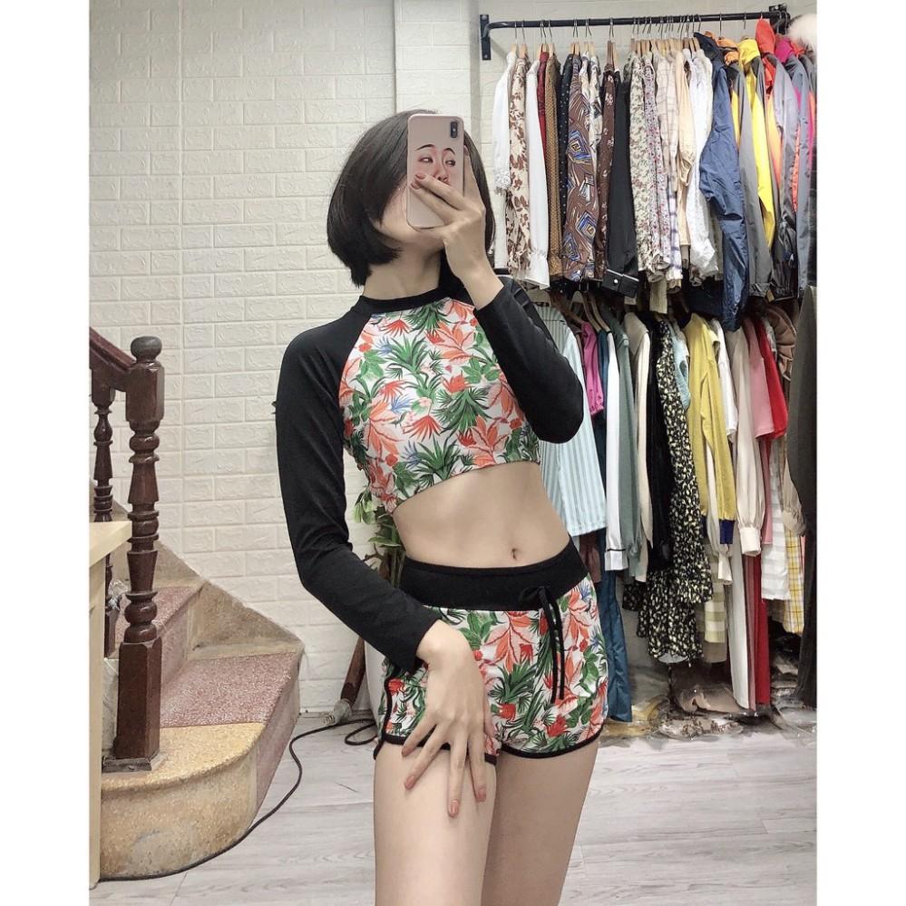 freeship Bikini hai mảnh dài tay ️Freeship️ họa tiết hoa lá quần đùi mặc đi biển đi bơi mới nhất