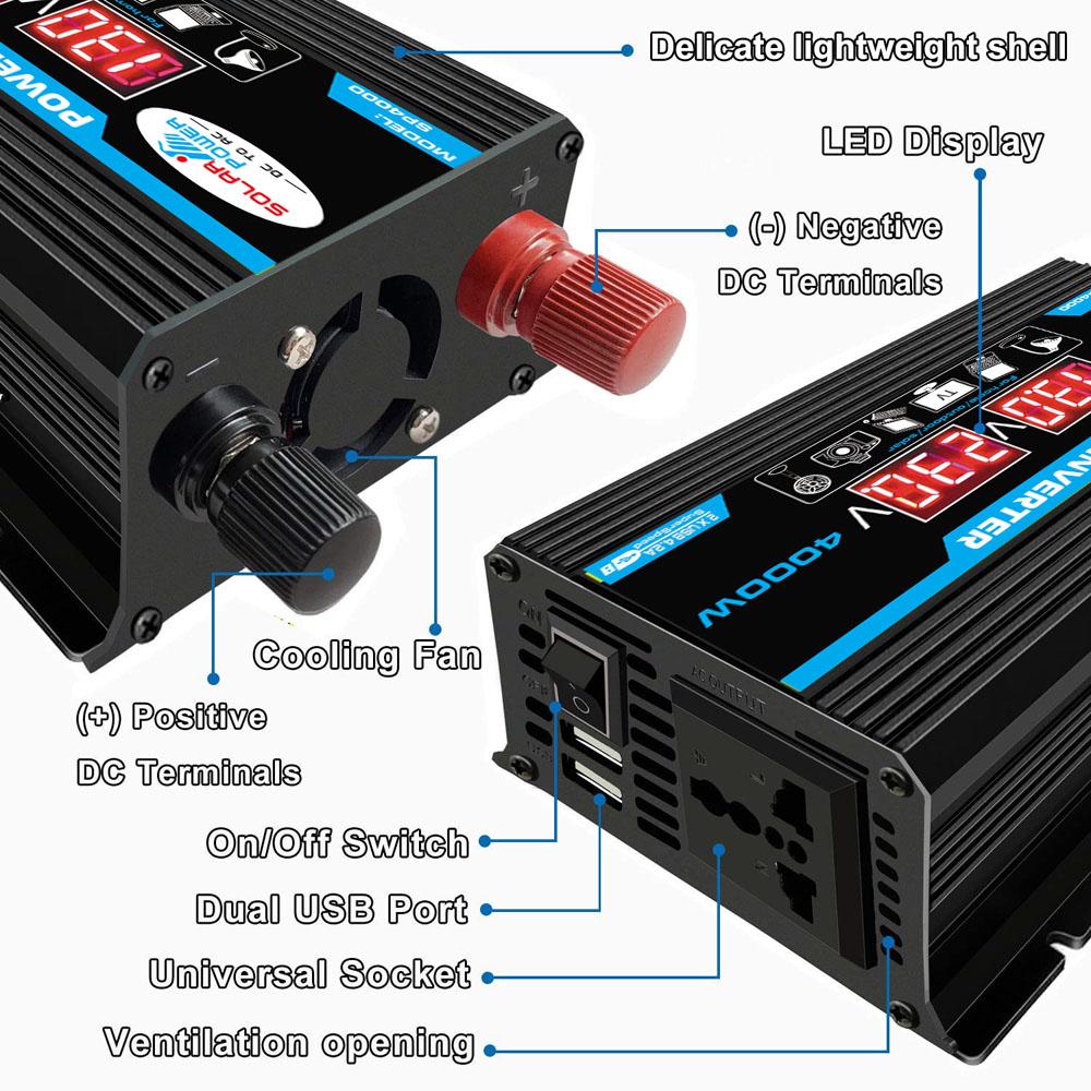 4000W Intelligent Digital Car Inverter 2 USB Output Ports Modified Sine-wave Converter with LED Display