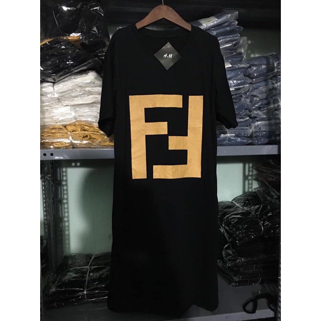 Đầm suông chất cotton co dãn in chữ ff cổ tròn freesize dáng dài