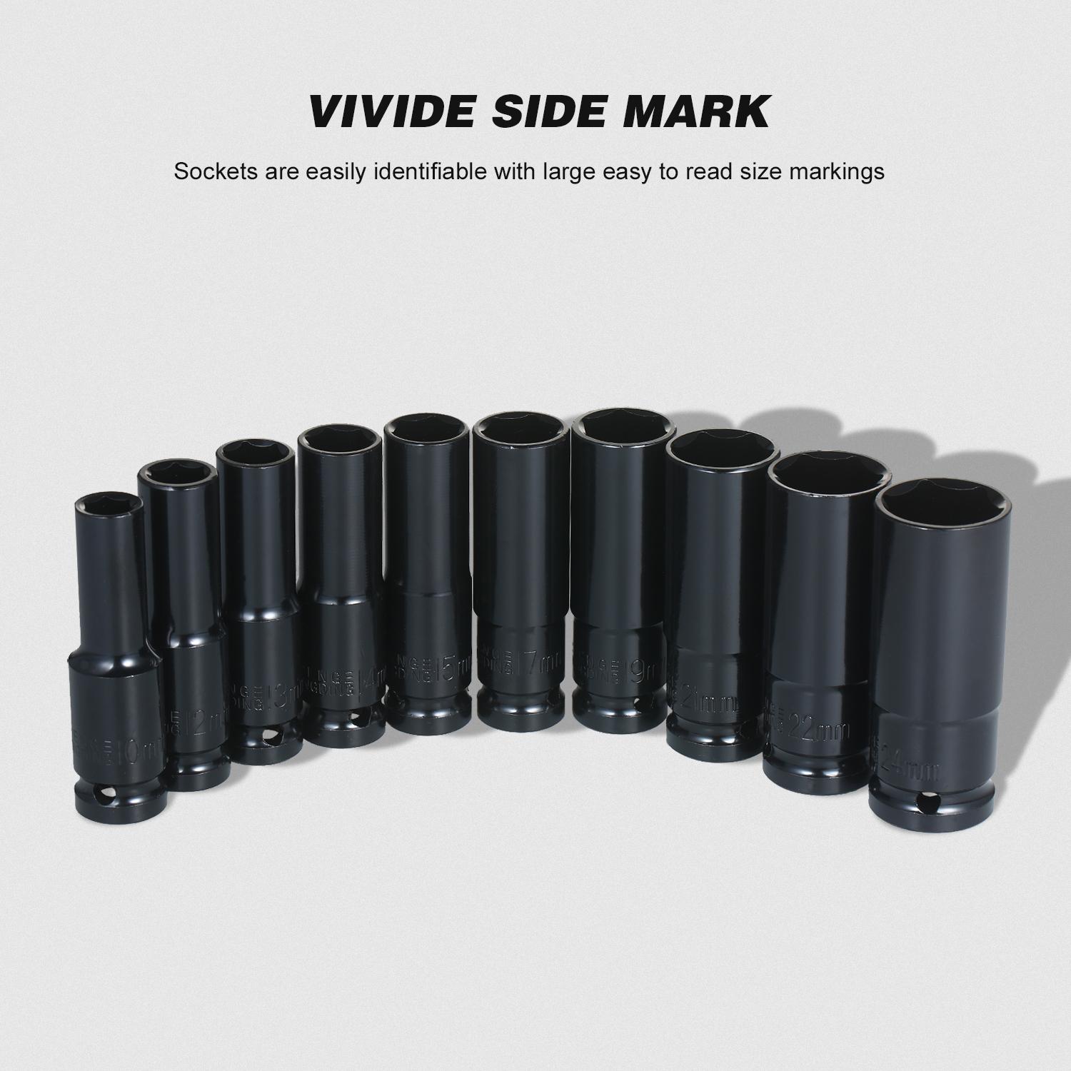 1/2Inch Drive 6-Point Impact Socket Set 10-Piece Metric Sizes 10-24mm Carbon Steel with Hard Storage Box