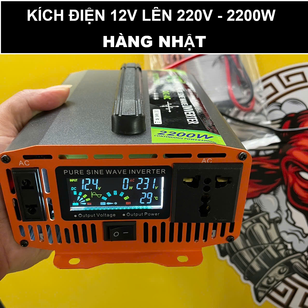 Kích Điện 12V Lên 220V 2200W Hàng Nhật – Sóng Sin Chuẩn, Màn Hình LED Hiển Thị Vôn &amp; Nhiệt Độ