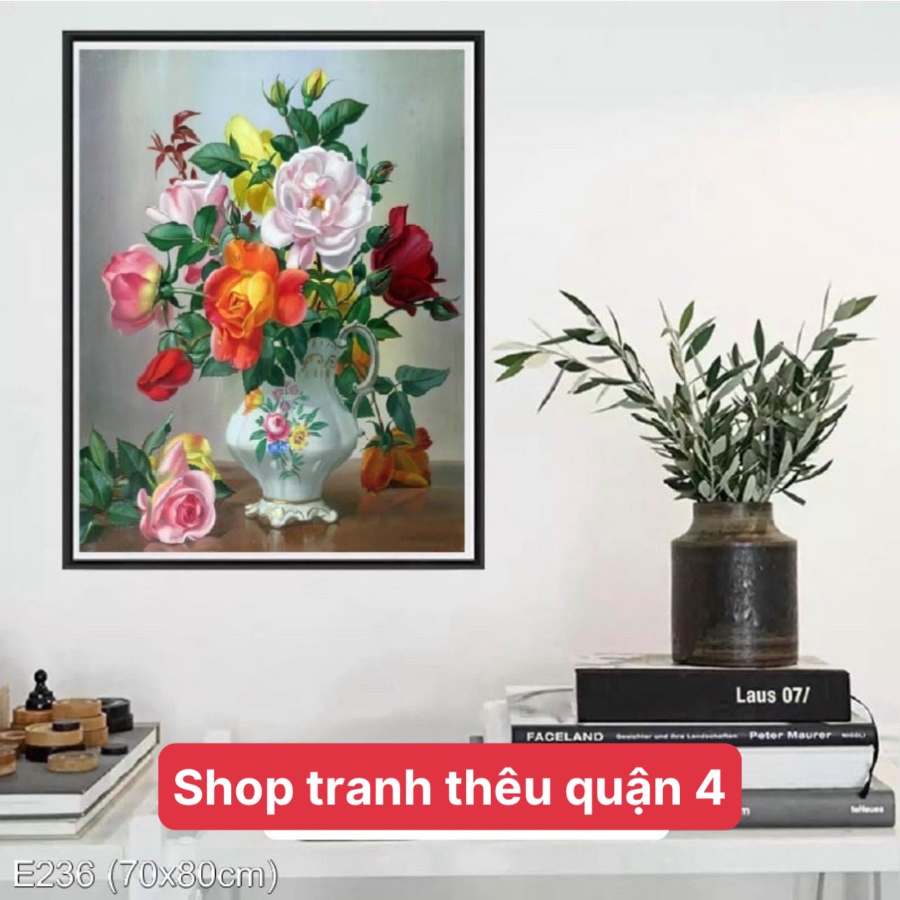 [Thêu kín] Tranh thêu chữ thập Bình hoa E236, kích thước 70 x 80 cm