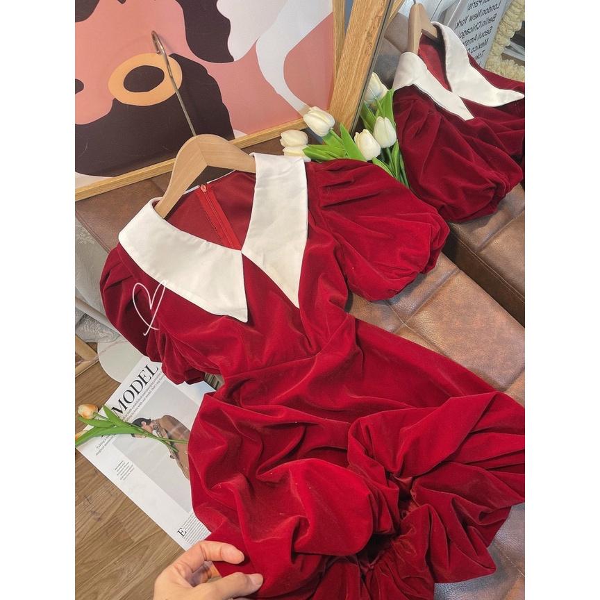 Đầm nhung đỏ phối cổ sen trắng xòe phồng dự tiệc chơi noel du xuân đón tết mẫu thỏ tây