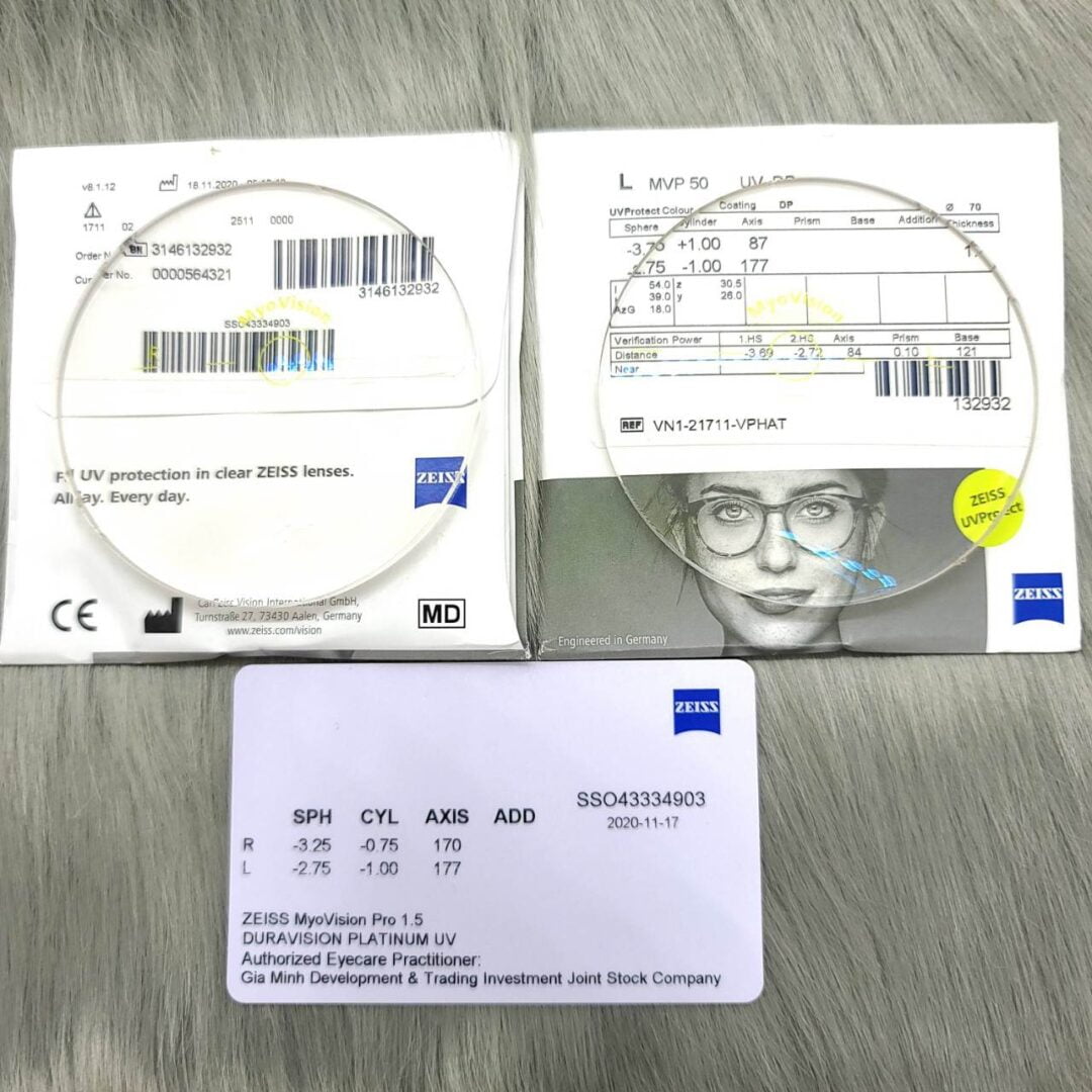 Tròng kính Vietphat Eyewwear Zeiss MyoVision Pro DuraVision Platinum UV