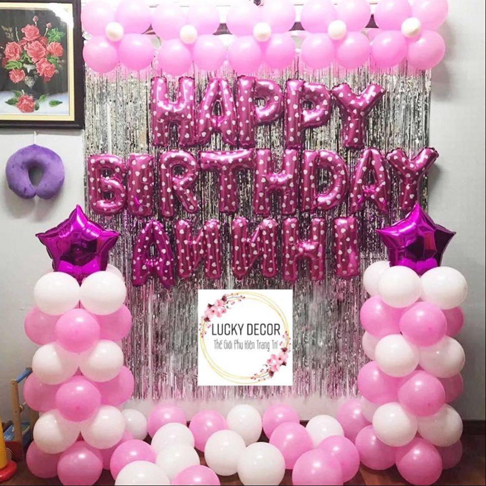 HOT DEAL Combo Trang Trí Sinh Nhật 2 Rèm Kim Tuyến, Bóng Chữ Happy Birthday và 50 bóng tròn