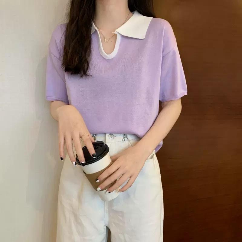 MS670 Áo polo len dệt kim cổ bẻ chữ V phối màu