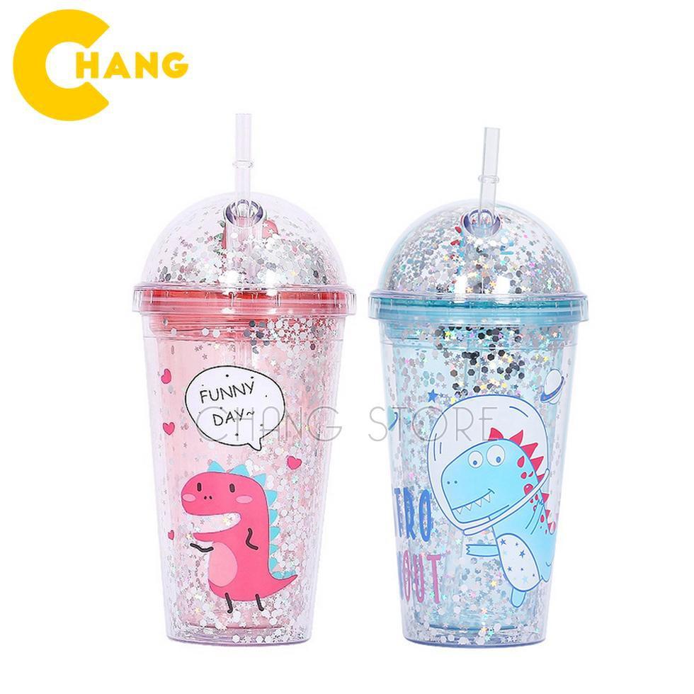 Ly Giữ Nhiệt Khủng Long 3D Kim Tuyến Nhiều Màu Sắc, Cốc Uống Nước Khủng long 3D 450ML kèm Ống Hút