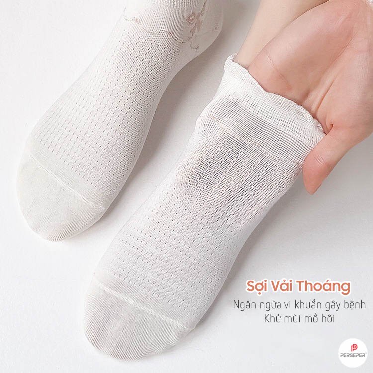 Bộ 5 đôi tất vớ nữ cổ ngắn - Kiểu hoa nâu 5 đôi