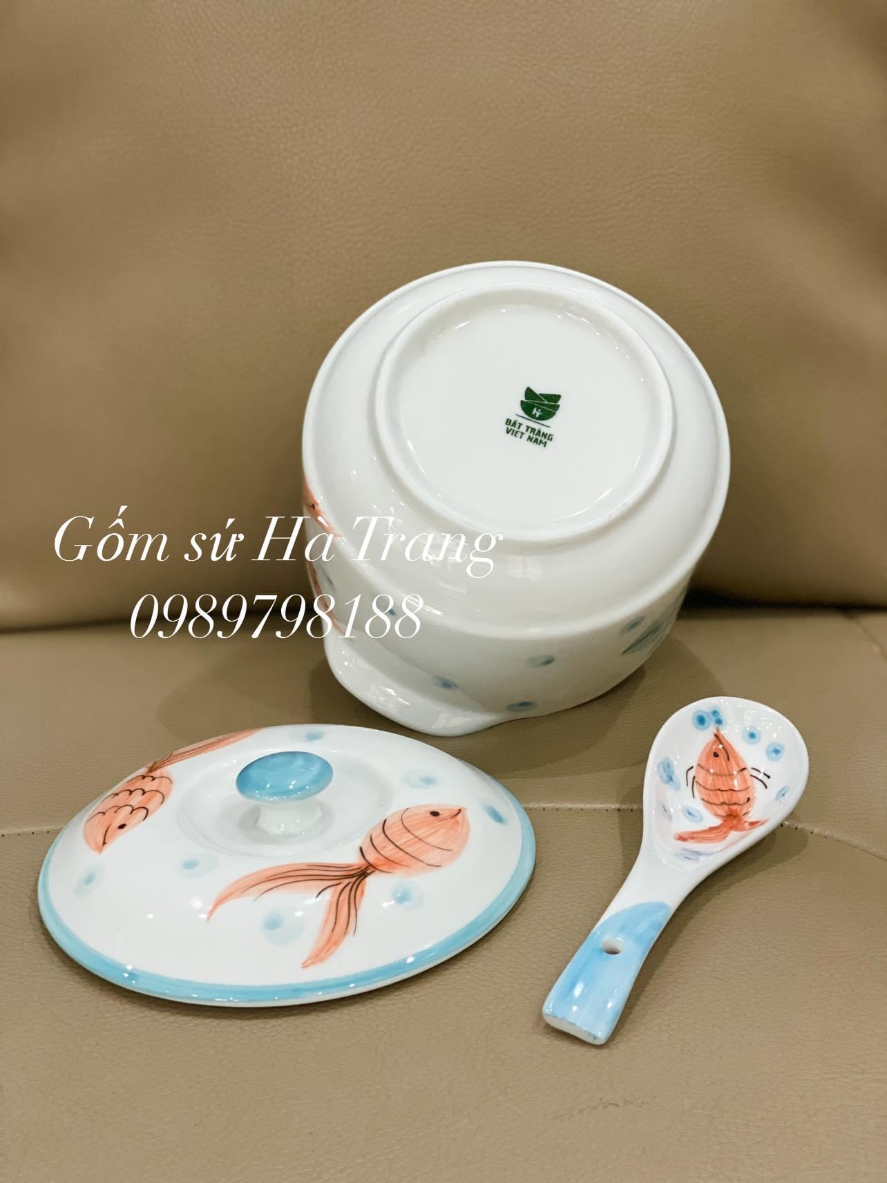 Thố chưng yến dung tích 600ml gốm sứ Bát Tràng cao cấp vẽ hoạ tiết cá kèm thìa