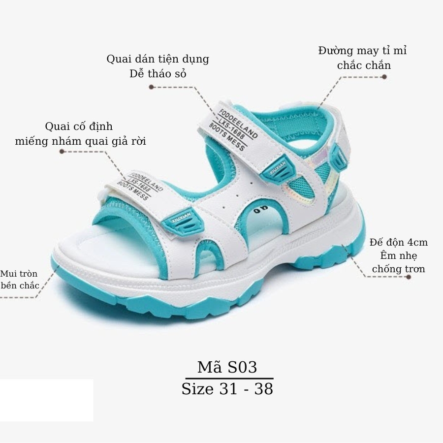 Dép Quai Hậu Bé Gái 6 - 12 tuổi  NHÍM SHOP màu trắng xanh quai ngang dáng thể thao êm chân chống trượt phù hợp trẻ em học sinh đi học, dạo phố, đi biển mùa hè S03