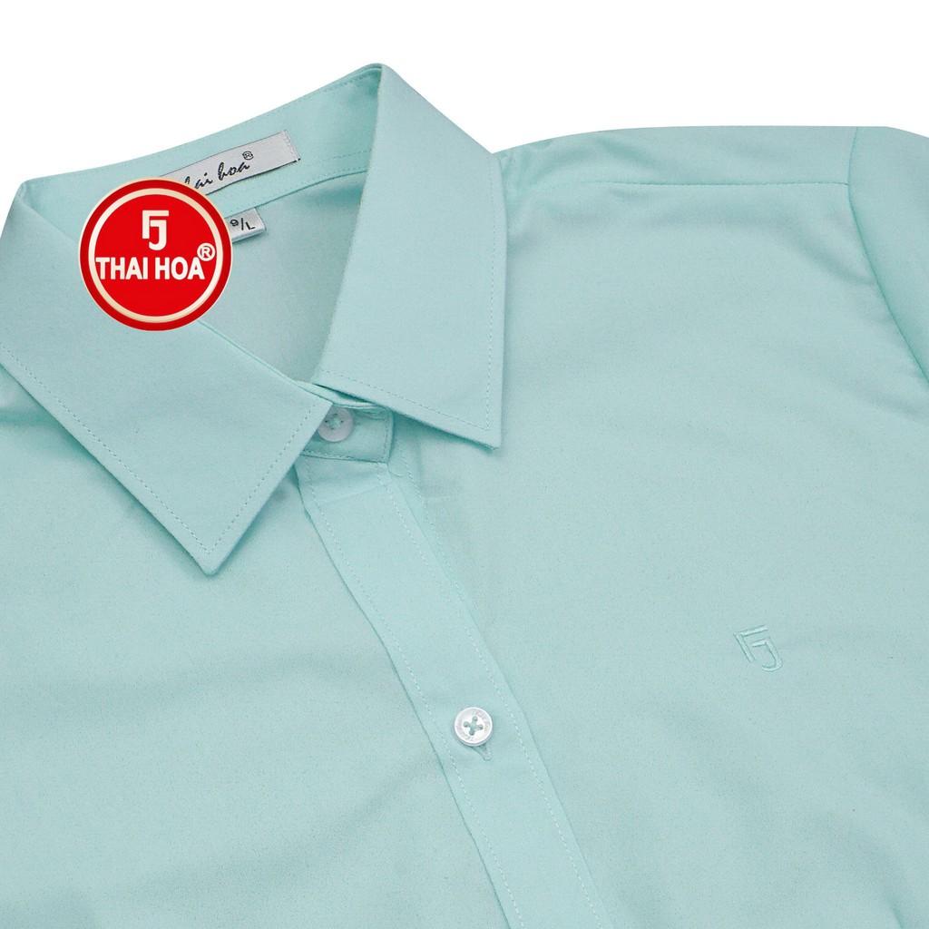 Áo sơ mi nữ Thái Hòa 047-04-01 vải cotton thoáng mát màu xanh thiên thanh