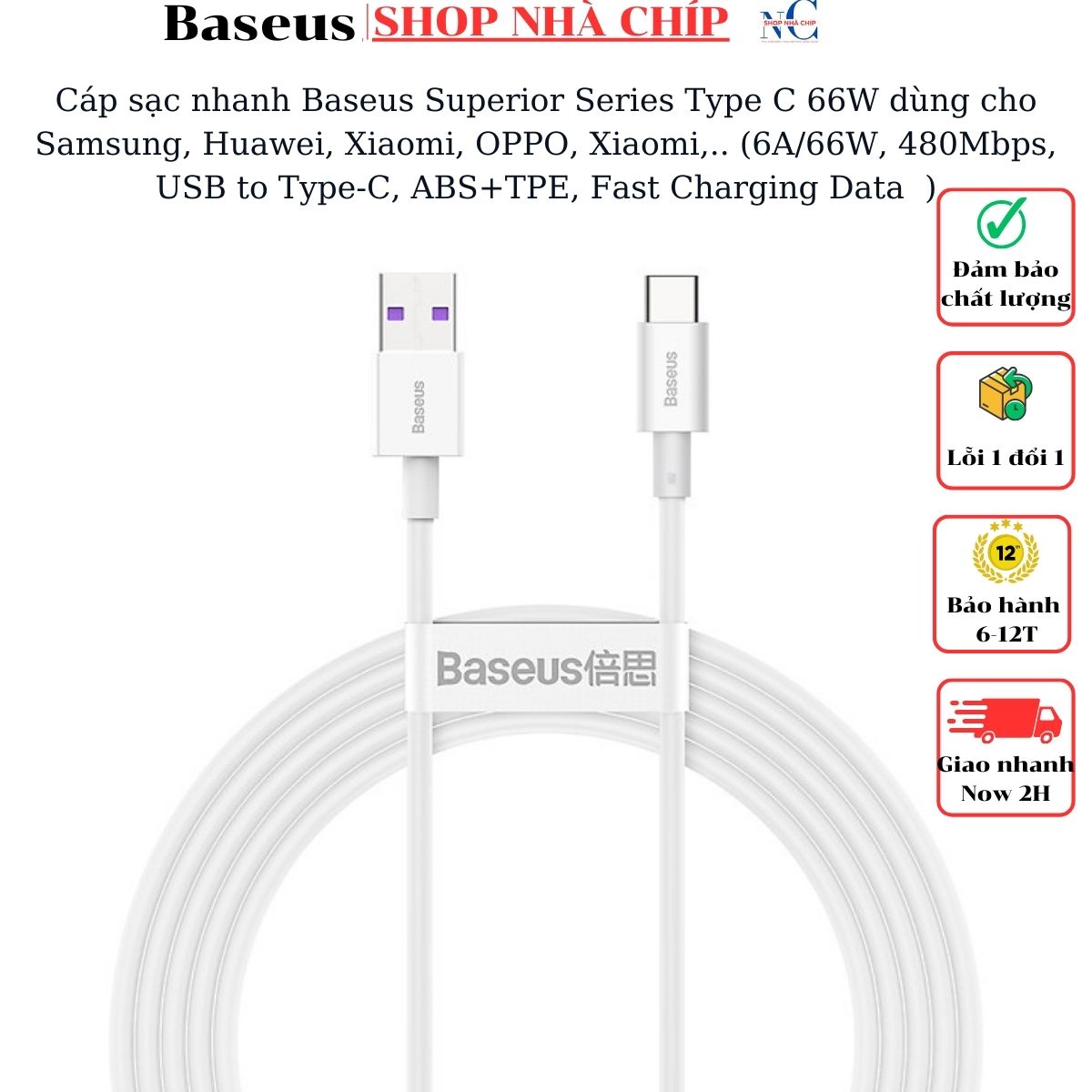 Cáp sạc nhanh Baseus Superior Series Type C 66W dùng cho Samsung, Huawei, Xiaomi, OPPO, Xiaomi,.. (6A/66W, 480Mbps, USB to Type-C, ABS+TPE, Fast Charging Data Cable )- Hàng chính hãng
