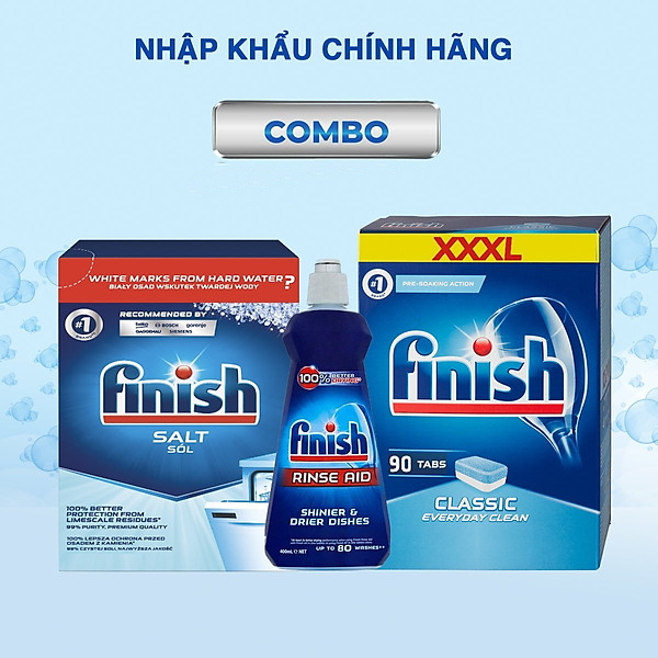 Combo viên rửa bát Finish hộp classic 90 viên + Muối finish 1.5kg + Nước làm bóng finish 400ml