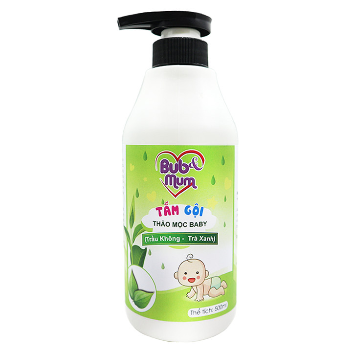 Tắm gội Thảo mộc Baby chiết xuất Trầu Không và Trà Xanh 500ml BuB&MuM công dụng diệt khuẩn, làm sạch, ngăn ngừa rôm sảy, mụn nhọt và giữ da luôn mềm mại, thơm mát hàng công ty chính hãng, xuất xứ Việt Nam