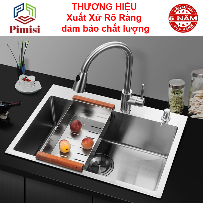 Chậu rửa bát inox 304 đơn 1 hố đúc Pimisi kích thước 6045-4540 cm đầy đủ xi phông loại to và kèm rổ đựng đồ dùng để rửa chén bát gắn được cả âm bàn đá | Hàng chính hãng