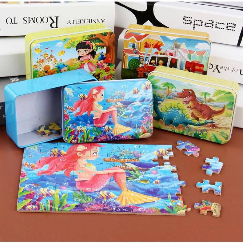 Đồ chơi tranh ghép 60 mảnh gỗ, Puzzle 60 mảnh hộp thiếc/ tranh xếp hình cho bé/ tranh ghép gỗ cho bé