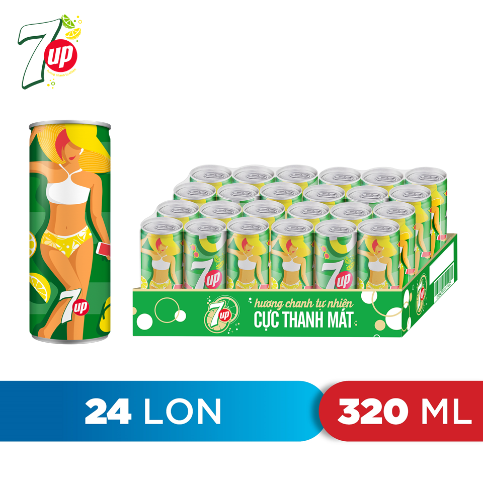 Thùng 24 Lon Nước Ngọt Có Gaz 7Up lon xanh (320ml/lon)