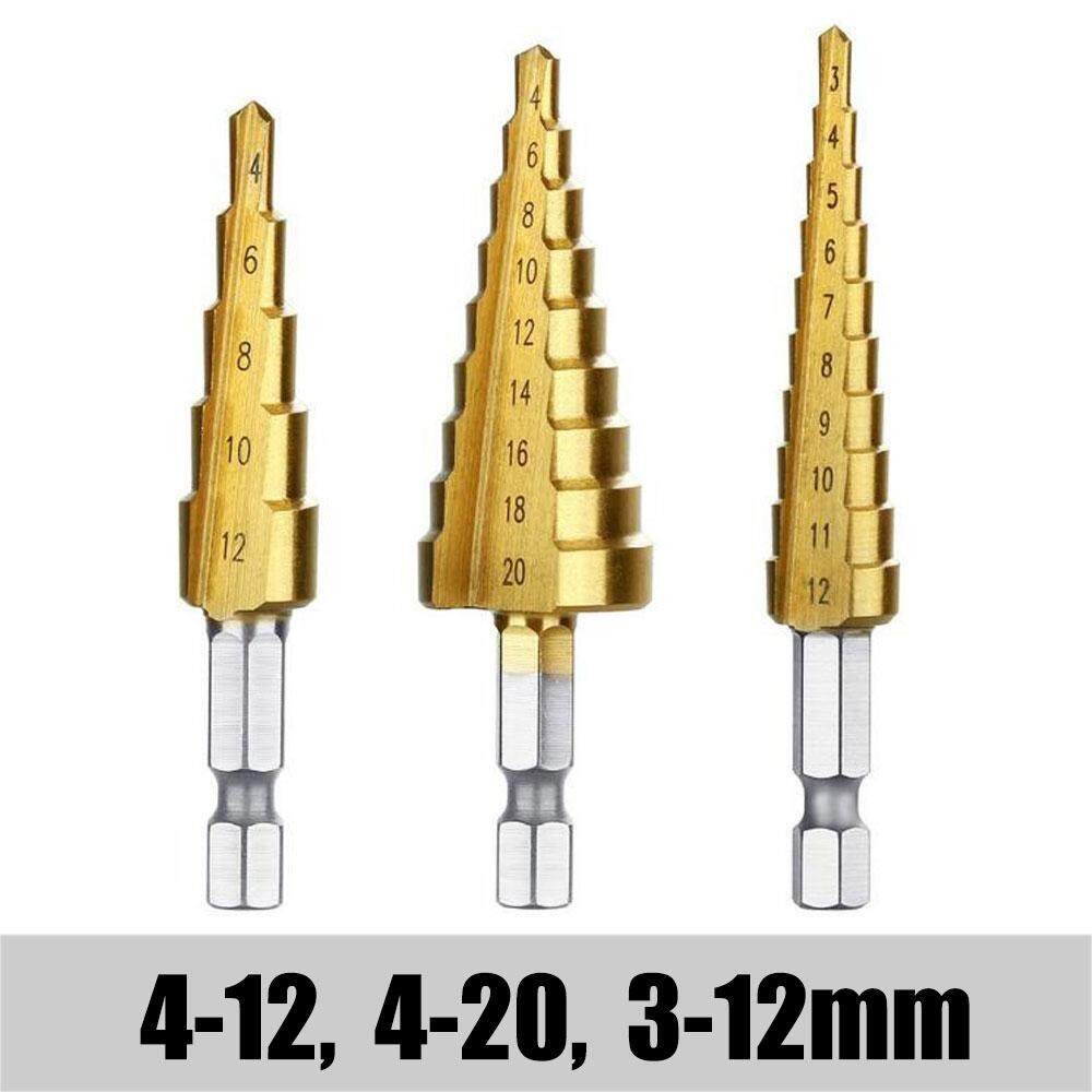 Bộ 3 mũi khoan bước, tháp phủ titanium 3-12Mm 4-12Mm 4-20Mm khoét lỗ tròn chuyên khoan sắt, gỗ, tôn nhôm