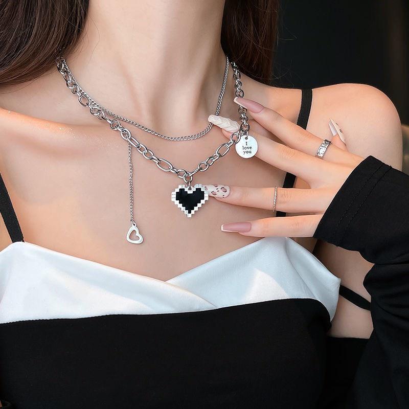 Dây chuyền xích trái tim ngọt ngào I L YOU nam nữ ullzang