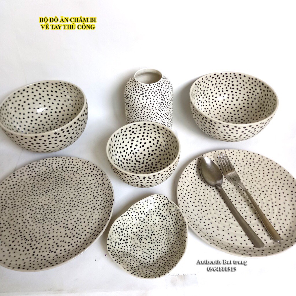 Bát đĩa chấm bi vẽ tay thủ công SIÊU ĐẸP - Xưởng gốm sứ Authentic bat trang