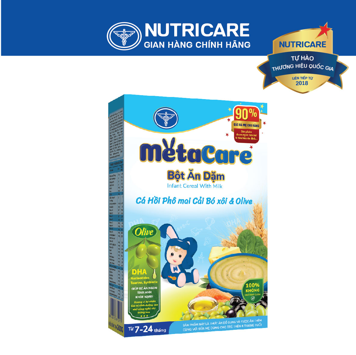 Bột ăn dặm Nutricare Metacare Cá hồi phô mai cải bó xôi & olive 200g