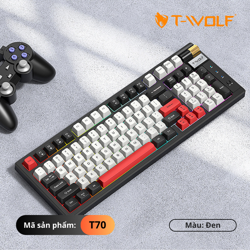 KEYBOARD T-WOLF T70 (White/97 key/RED Switch/RGB LED/Bluetooth-Wireless-TypeC USB/Rotate Button/870g/2000mA/1.5m) - Hàng chính hãng