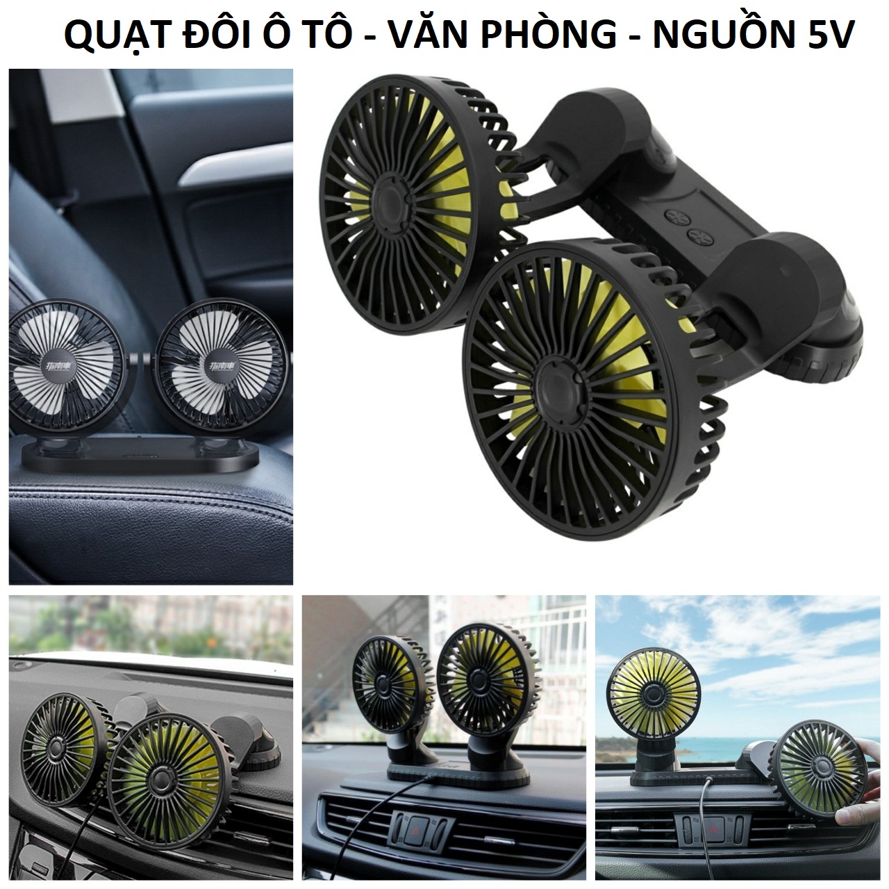 Quạt đôi ô tô xoay 360 tiện ích gắn taplo xe hơi , xe tải văn phòng cao cấp mẫu mới loại tốt gió mạnh, phụ kiện ô tô