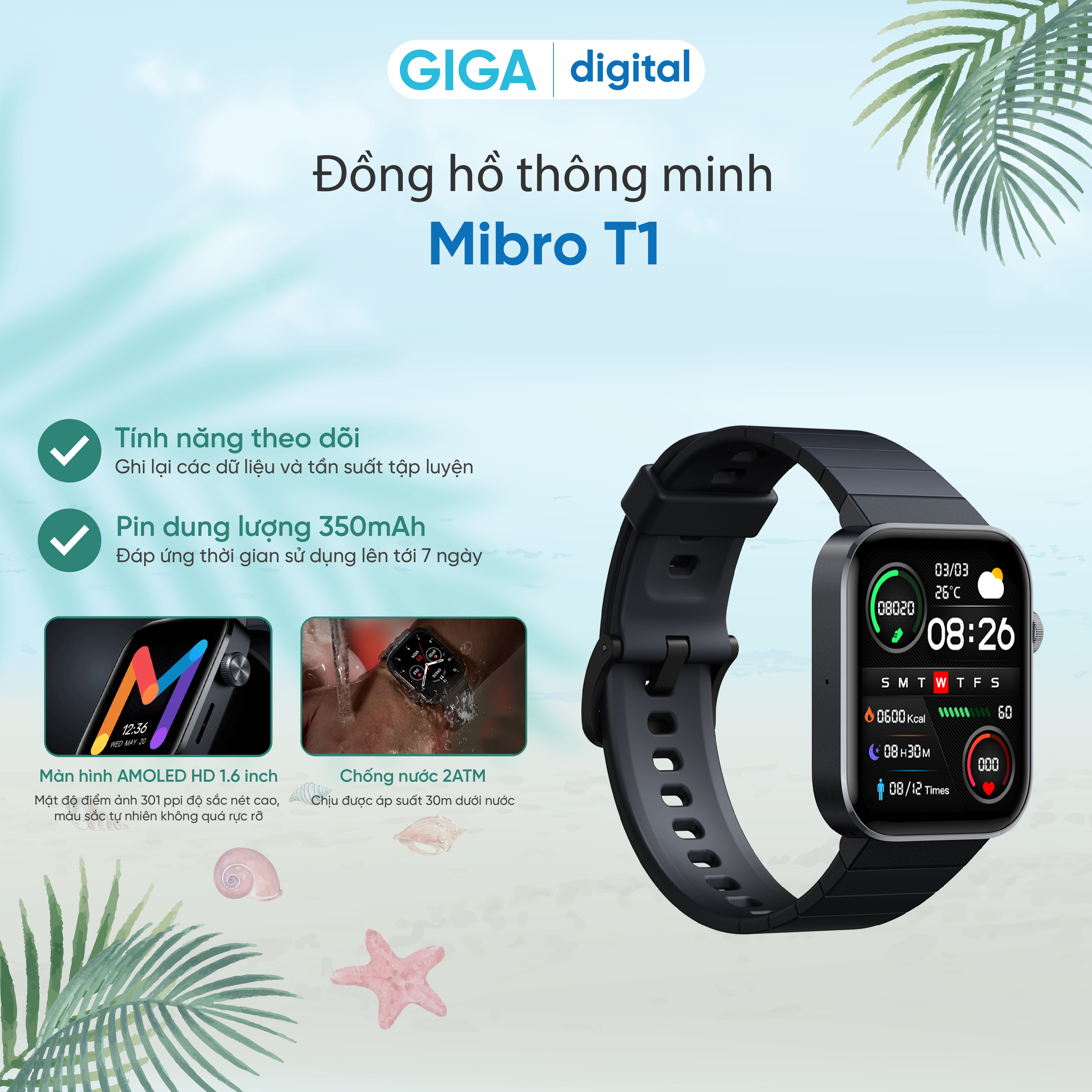 Đồng hồ thông minh Mibro T1 | Hỗ trợ cuộc gọi Bluetooth HD | Chống nước 2ATM | Màn hình cảm ứng Amoled HD 1.43 inch - Hàng nhập khẩu