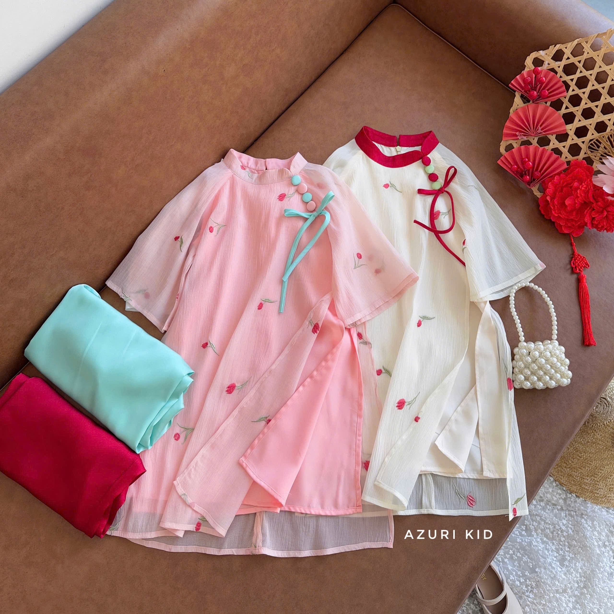 Bộ áo dài tết cho bé gái mẫu Hoa mùa xuân xinh xắn từ 12-45kg hàng thiết kế cao cấp