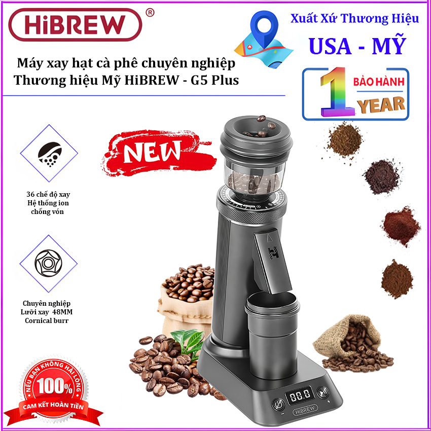 Máy xay hạt cà phê chuyên nghiệp Single Dose, tích hợp 36 chế độ xay. Thương hiệu Mỹ cao cấp HiBREW - G5 Plus. HÀNG CHÍNH HÃNG