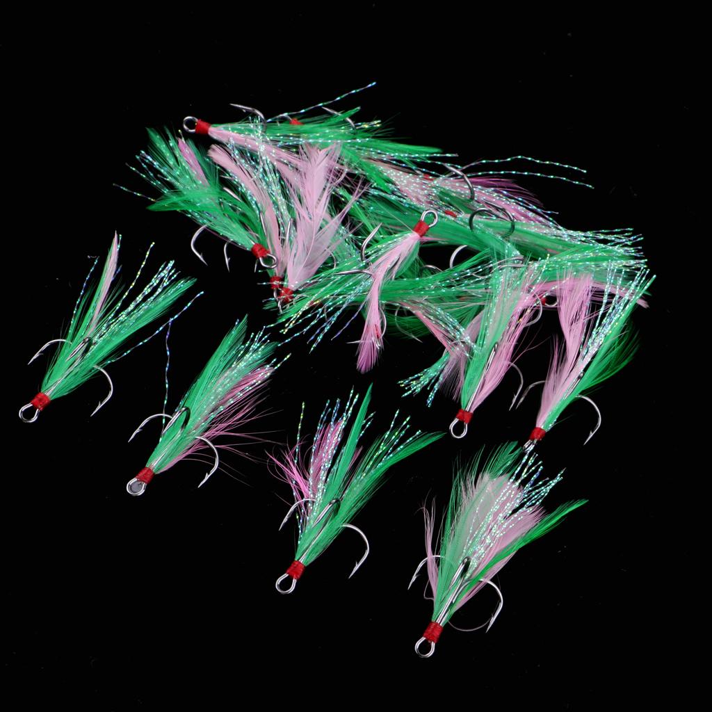 20pcs Feather Fishing Hooks Treble Barbed Squid Fly Tying Lures Baits