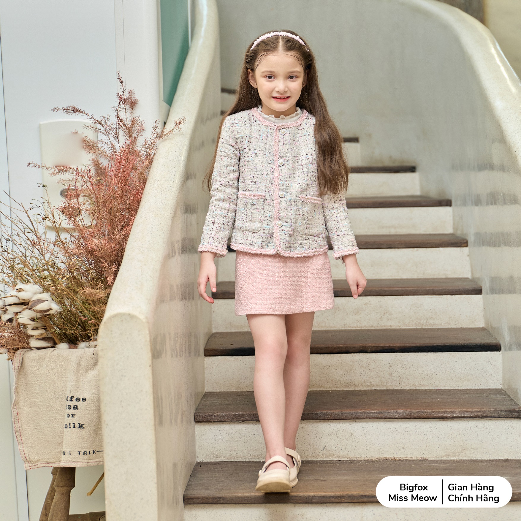 Áo dạ tweed cho bé gái BIGFOX MISS MEOW size đại 2 lớp ấm áp kiểu Hàn sang chảnh nữ tính cỡ 6-11 tuổi 38kg 2009