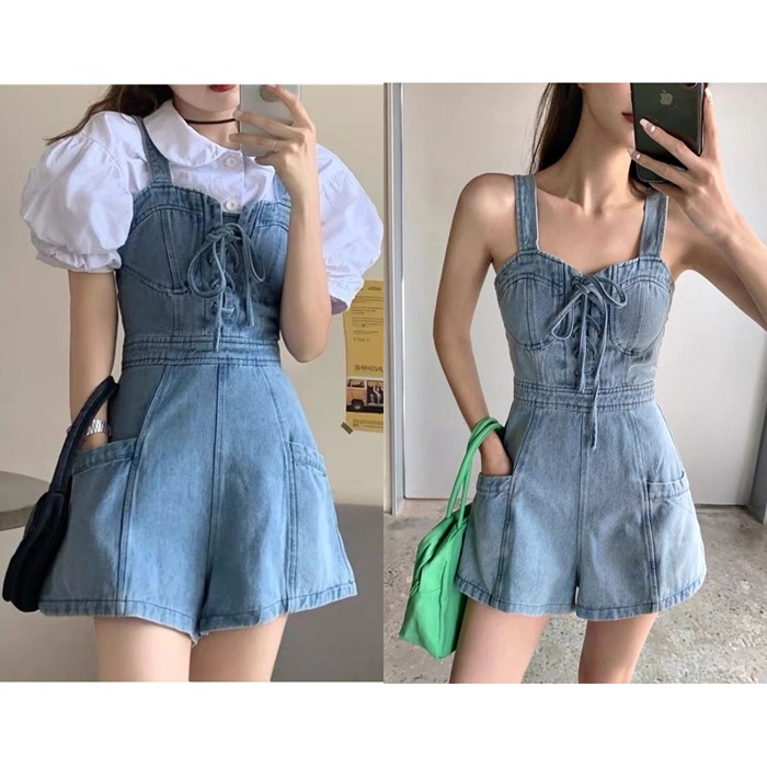 ĐẦM JUMPSUIT GIẢ VÁY NGẮN SET QUẦN YẾM 2 DÂY CỔ U ỐNG RỘNG JEANS DÂY ĐAN NGỰC + ÁO SƠ MI TRẮNG TAY NGẮN ĐI TIỆC DẠO PHỐ ĐI CHƠI