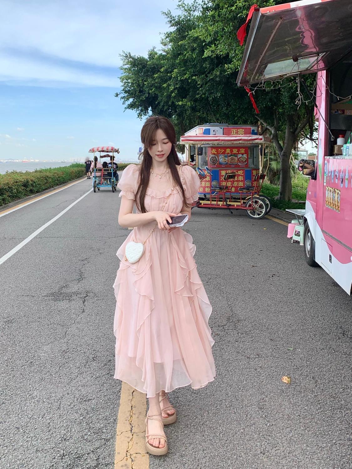 SHUANGYAN Phong cách Pháp cổ vuông nhẹ nhàng Fairy Wind Dress cho phụ nữ mùa hè 2023 Thắt lưng cho phụ nữ
