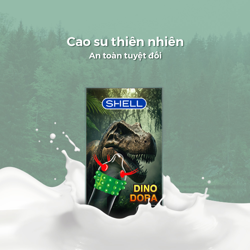 Bao cao su Shell Dino Dora - 1 bao gai, 3 vòng bi + 1 bao Shell Performax (Hộp 2 cái) | SHELL CHÍNH HÃNG