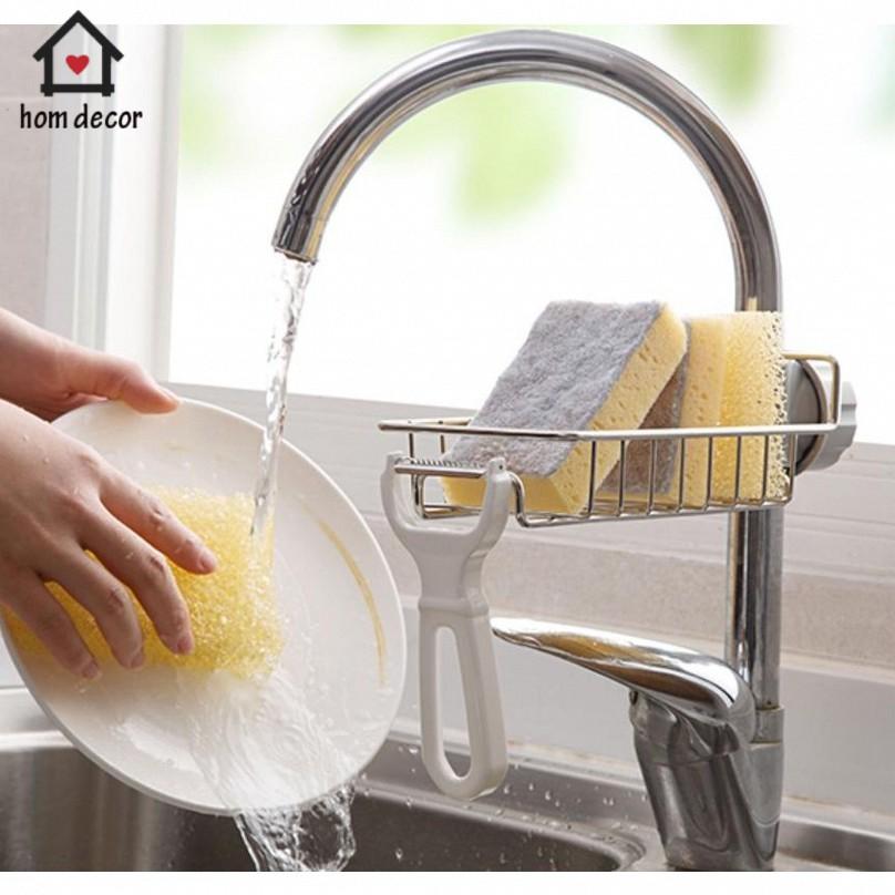 Giá inox để giẻ rửa bát kẹp vòi nước tiện lợi, Kệ để đồ đa năng