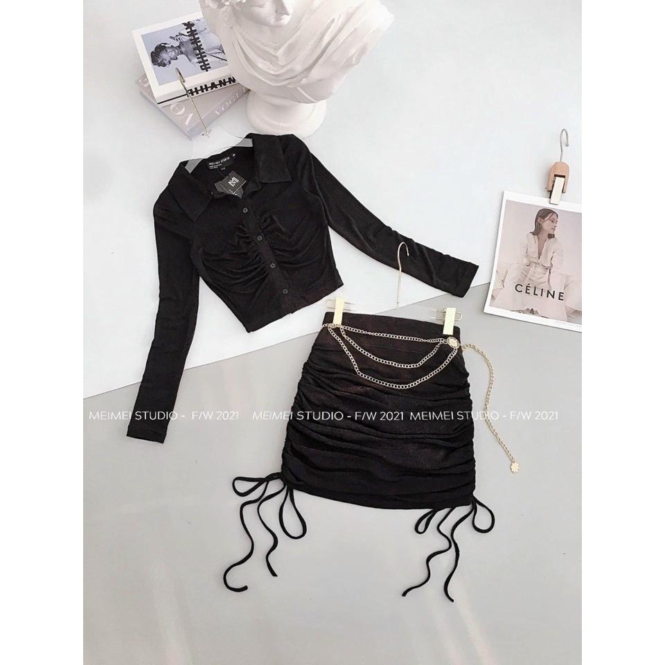 &lt;HÀNG SIÊU ĐẸP&gt; Set đồ đi chơi, áo croptop dài tay kèm chân váy rút dây cực xinh