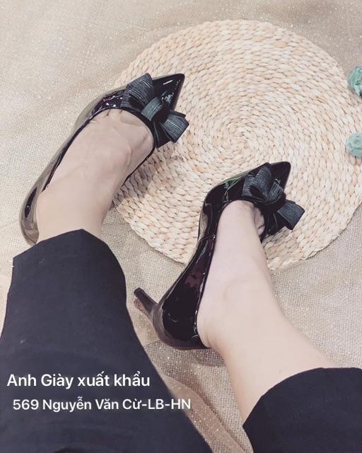 CG53 - Giày cao gót da bóng mũi nhọn nơ ấu 7f VNXK