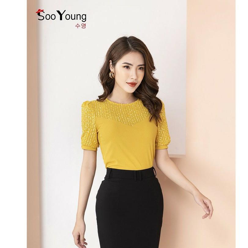 Áo thun tăm vàng cổ tròn cao tay bo phối ren ngực tay- Sooyoung