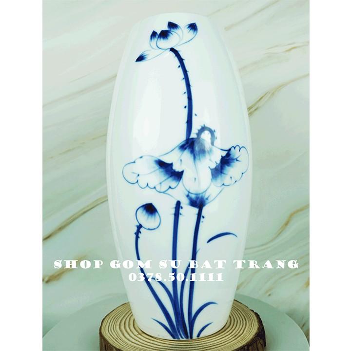 Lọ hoa đẹp Bát Tràng men trắng hoa sen cao 27cm dáng bom