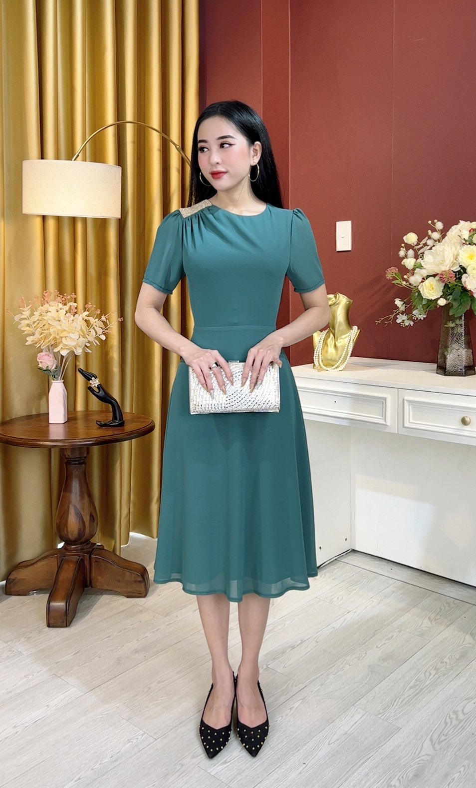 Linh Trà - Đầm Trung Niên Dáng Dài [TM720] Cao Cấp Vải Voan Chiffon Tay Ngắn Cho Mẹ U40 U50