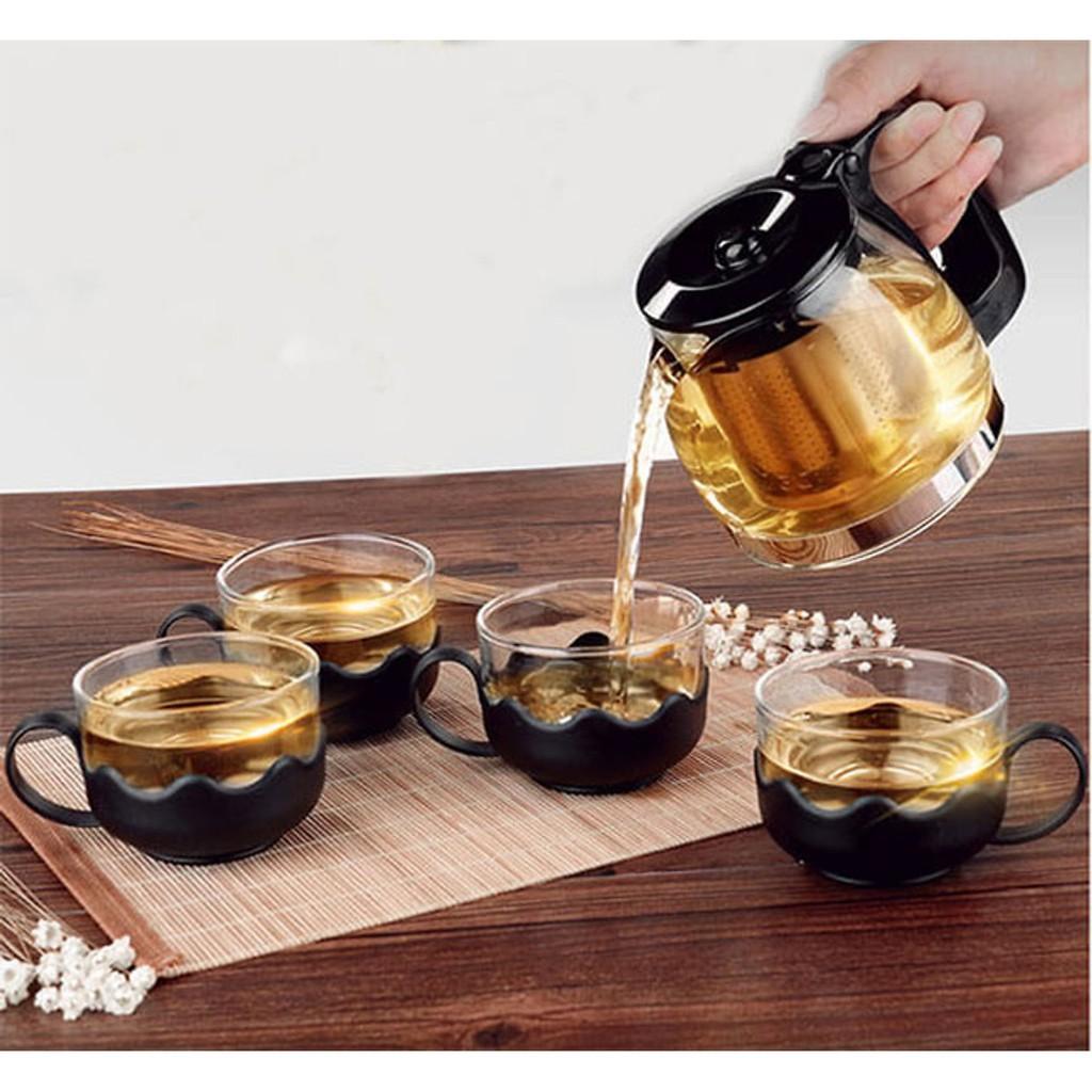 Bộ Ấm Trà Thủy Tinh Có Lưới Lọc Kèm 4 Cốc Chống Nóng Cao Cấp