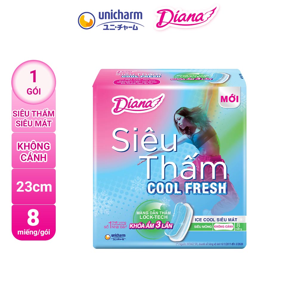 Băng Vệ Sinh Diana Siêu Thấm Cool Fresh Siêu Mỏng Không Cánh 8 Miếng/Gói