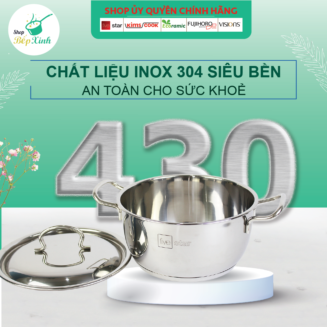 Bộ Nồi Chảo 3 Đáy Inox 430 Fivestar Standard nắp inox FS08C , tặng 1 vá canh