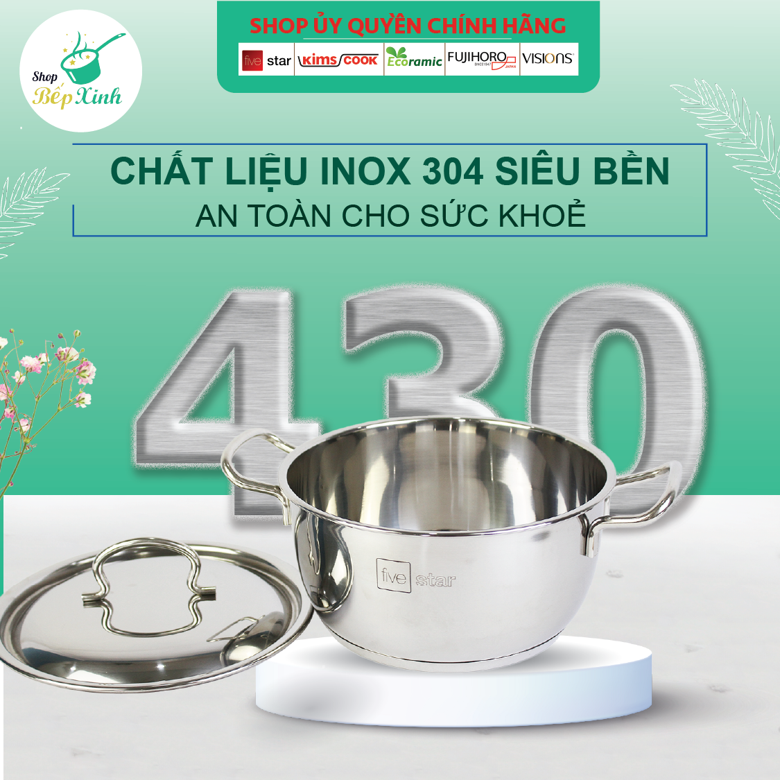 Bộ nồi inox FIVESTAR 5 chiếc 3 đáy bếp từ nắp inox