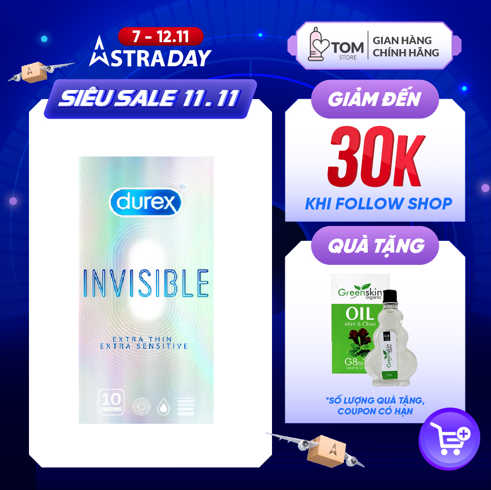 [Hộp 10 cái] Bao cao su Durex Invisible - Siêu mỏng, mềm mịn 