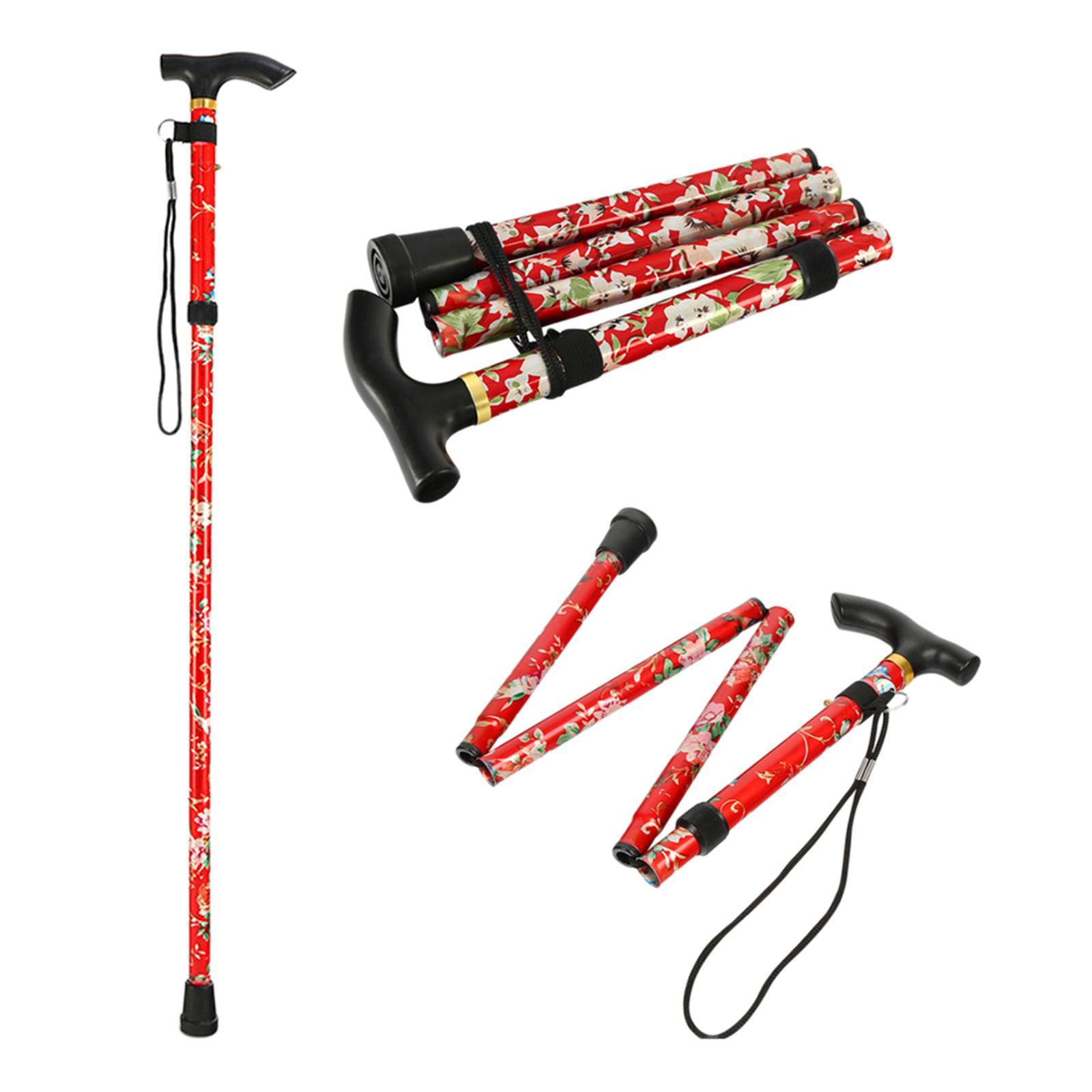 Foldable Cane Adjustable 5-Section Hand Camping Pole Black