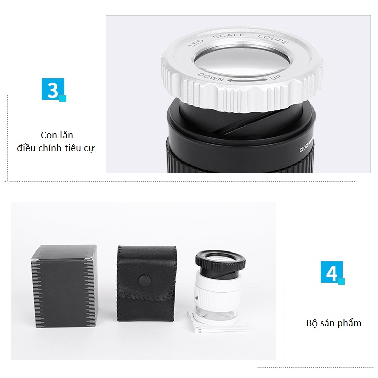 Kính lúp mini phóng đại 30X có đèn led sáng trắng và đèn led UV soi mẫu vật (Tặng mó khóa tô vít 3 chức năng)
